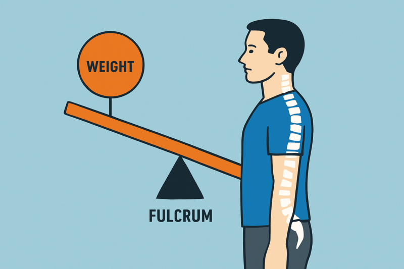 Illustration of a person holding up one end of a lever with a labeled fulcrum and weight, highlighting the mechanical principle of leverage.