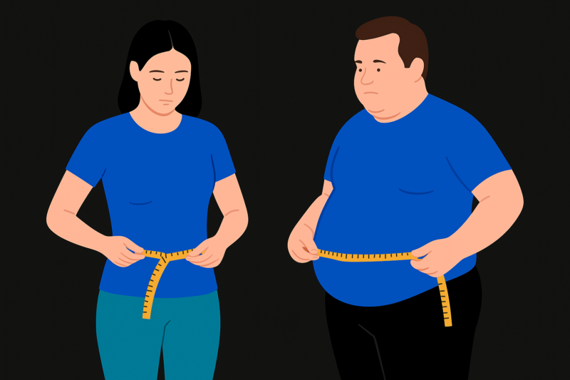 Two people in blue shirts measure their waists with yellow tapes against a black background. Are You Skinny Fat? Beware This Toxic Villain – watch our Posture Videos to learn more.